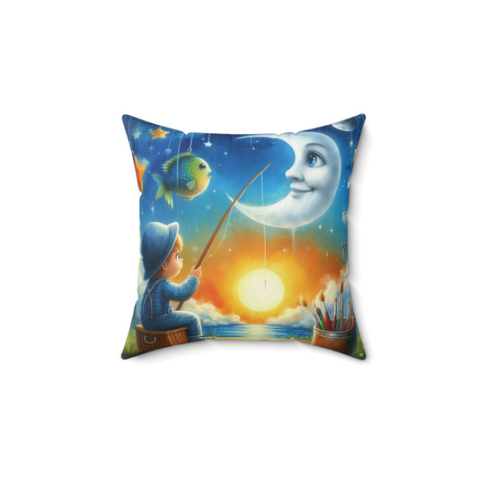 Whimsical Fishing Moon Pillow | Cozy Square Cushion for Dreamers