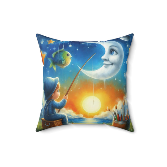 Whimsical Fishing Moon Pillow | Cozy Square Cushion for Dreamers