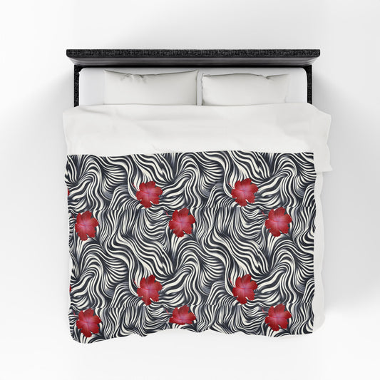 Tropical Zebra Stripe Plush Blanket – Cozy Softness with Hibiscus Design